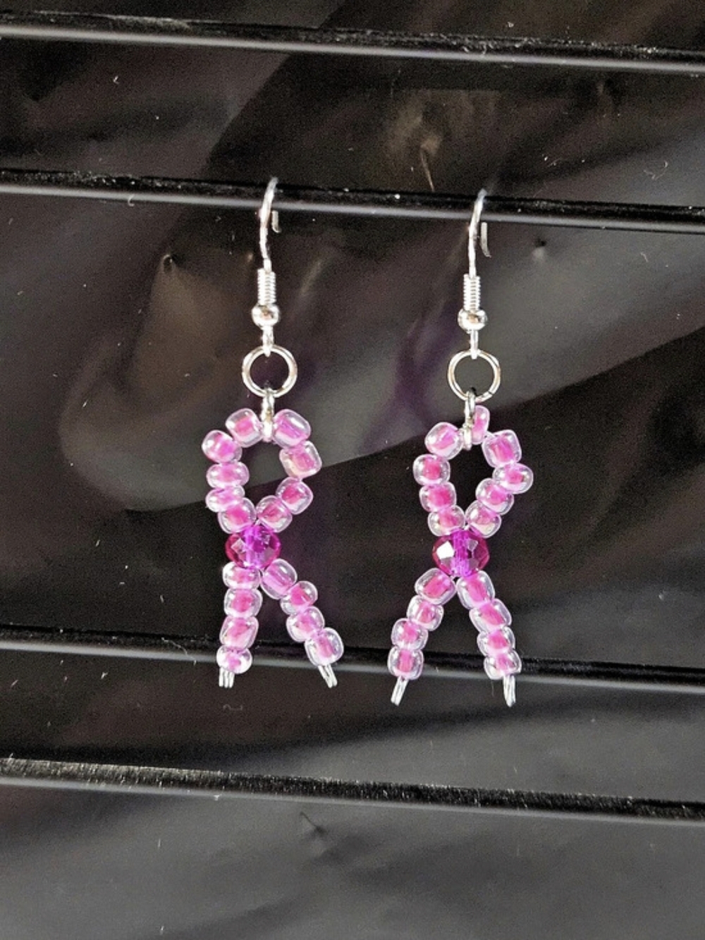 Pink Ribbon Beaded Dangle Earrings | New | Handmade | Breast Cancer Awareness